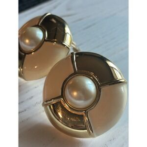 GIVENCHY Signed  Faux Pearl Ivory Enamel Gold Plated Statement Earrings C: 1980s